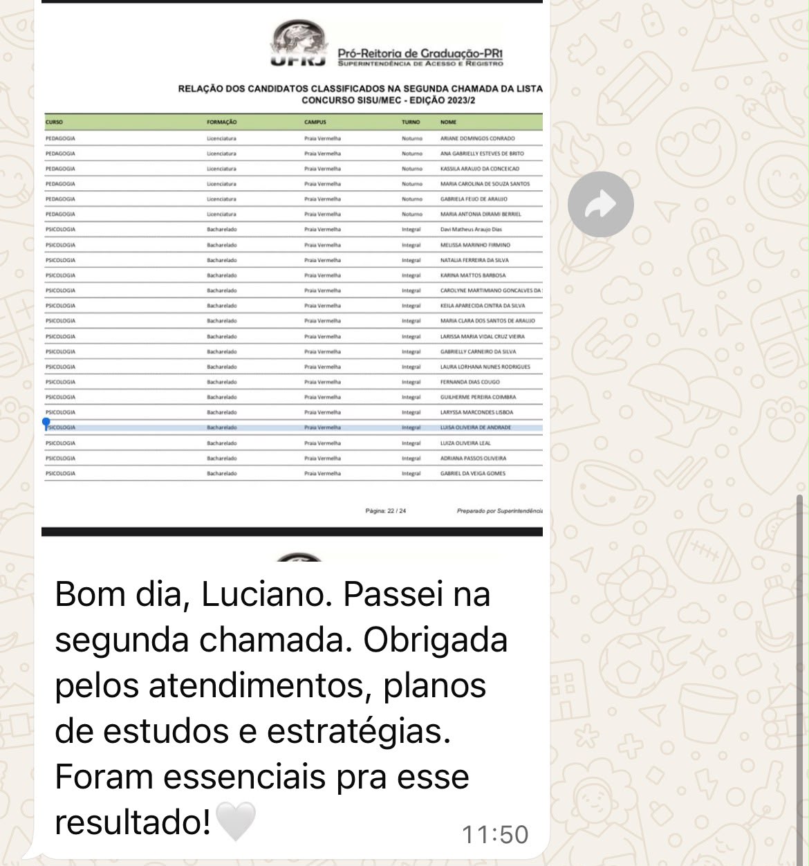 Documento oficial da UFRJ mostrando aprovação de aluna em Pedagogia