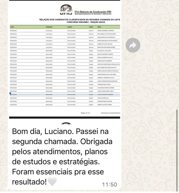 Documento oficial da UFRJ mostrando aprovação de aluna em Pedagogia