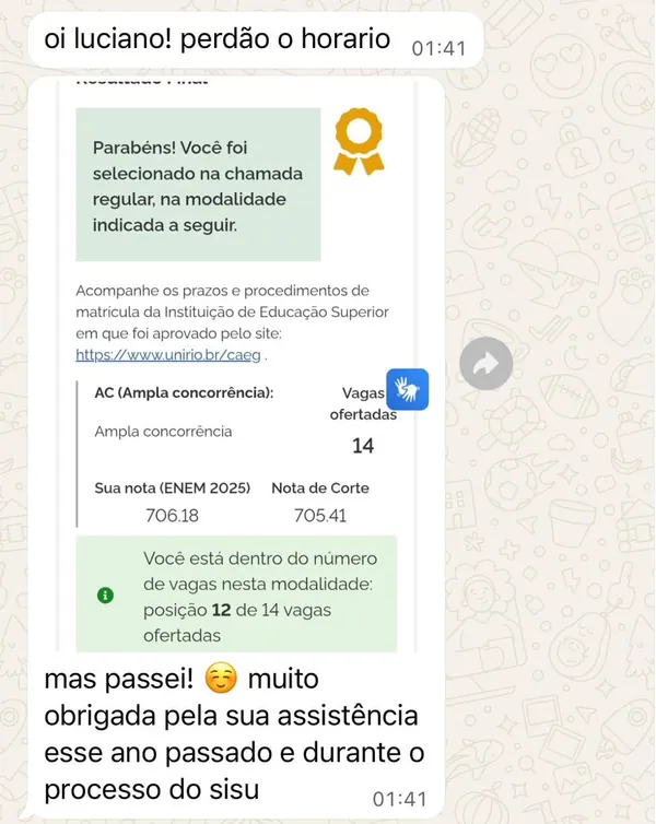 Mensagem de aluna aprovada na UNIRIO com nota acima do corte do SISU